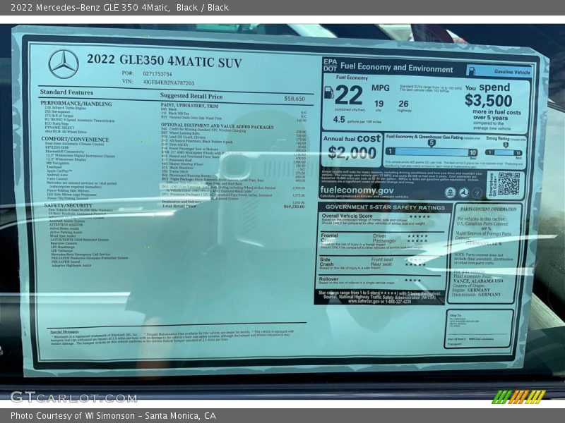  2022 GLE 350 4Matic Window Sticker