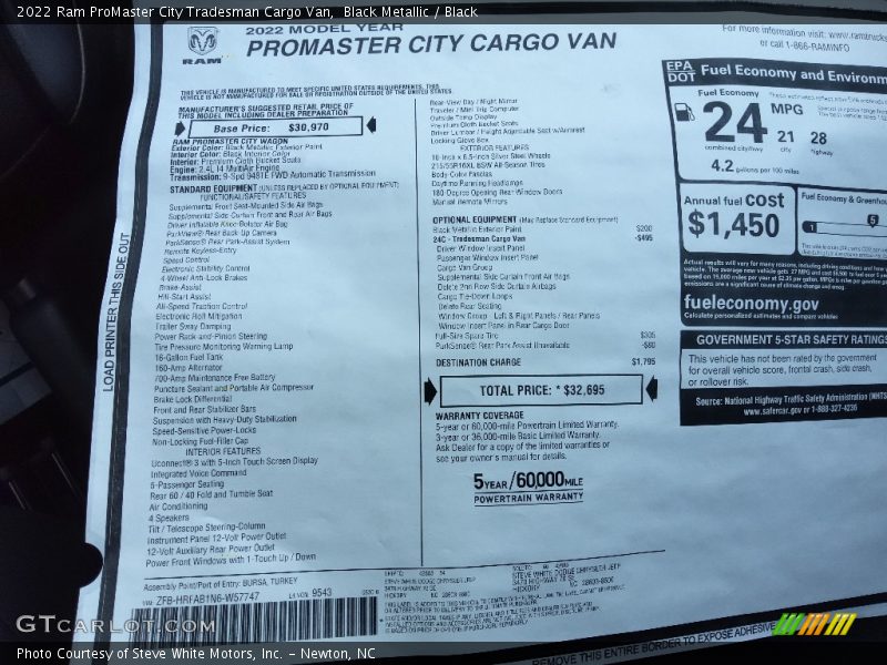 2022 ProMaster City Tradesman Cargo Van Window Sticker