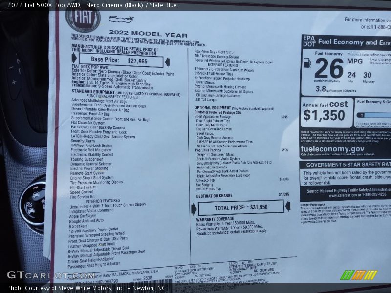  2022 500X Pop AWD Window Sticker