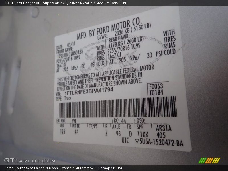 Silver Metallic / Medium Dark Flint 2011 Ford Ranger XLT SuperCab 4x4