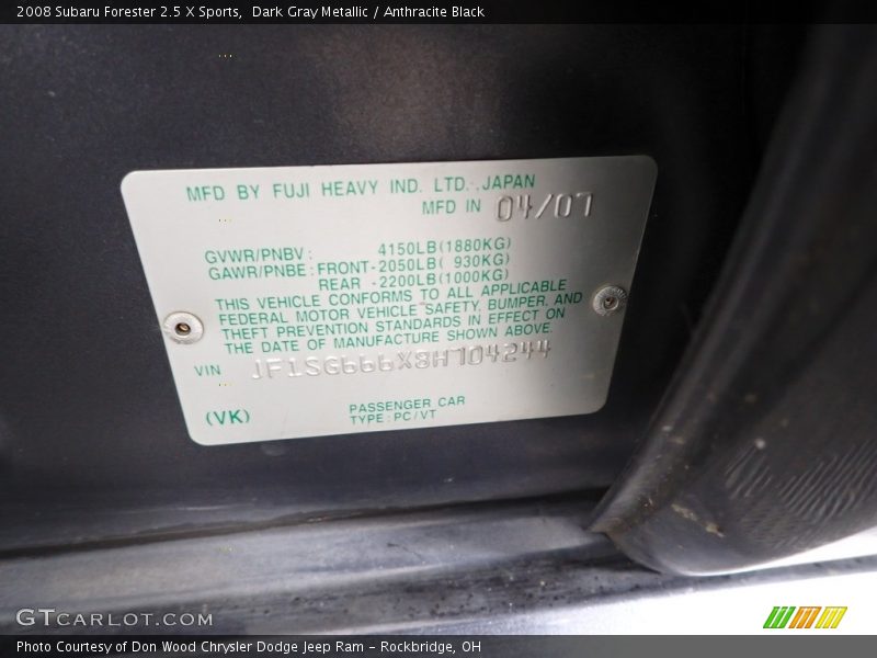 Dark Gray Metallic / Anthracite Black 2008 Subaru Forester 2.5 X Sports