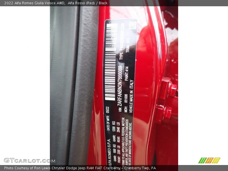 2022 Giulia Veloce AWD Alfa Rosso (Red) Color Code 414