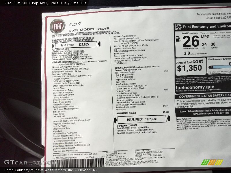  2022 500X Pop AWD Window Sticker