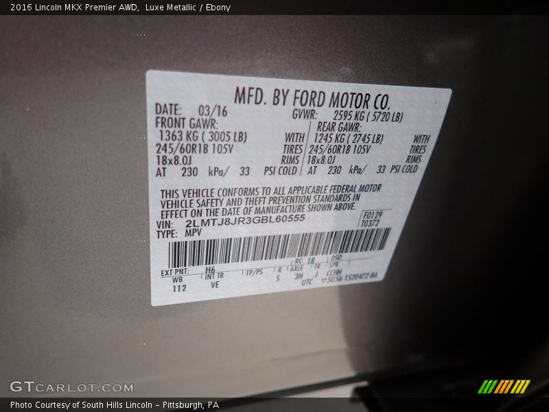 2016 MKX Premier AWD Luxe Metallic Color Code H6