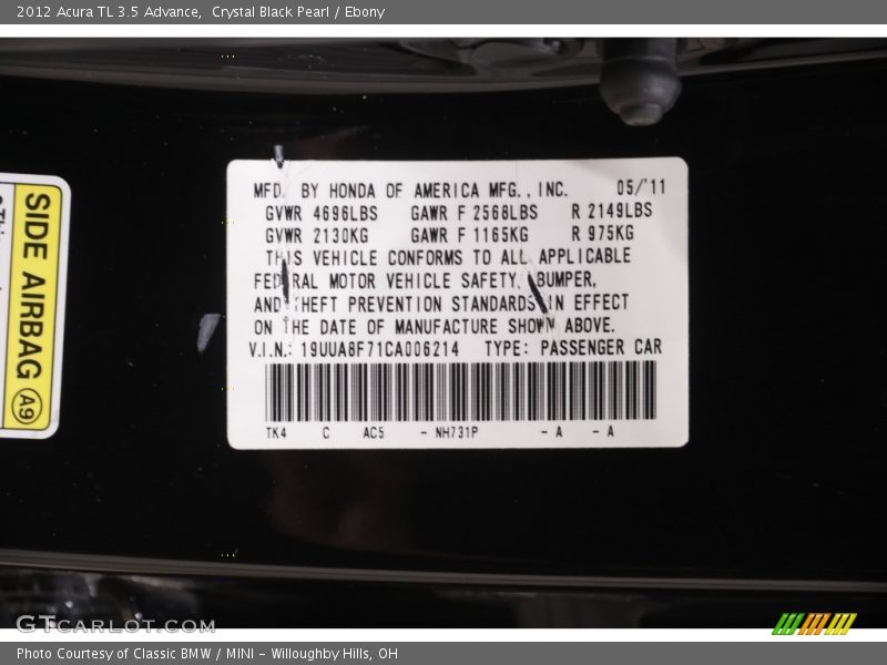 Crystal Black Pearl / Ebony 2012 Acura TL 3.5 Advance