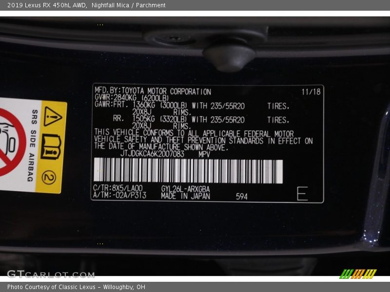 2019 RX 450hL AWD Nightfall Mica Color Code 8X5