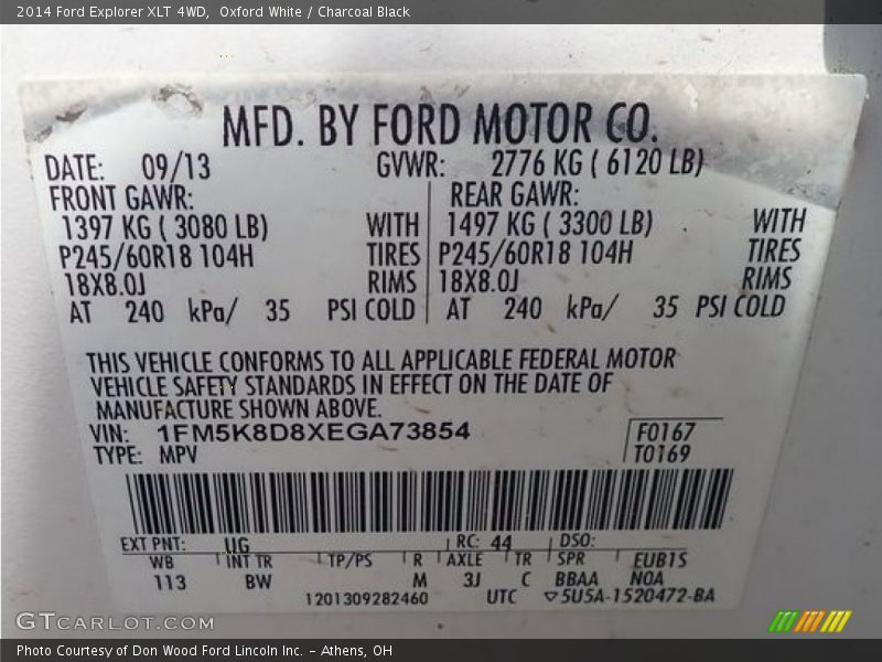 Oxford White / Charcoal Black 2014 Ford Explorer XLT 4WD