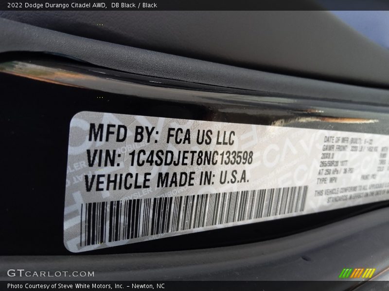 DB Black / Black 2022 Dodge Durango Citadel AWD