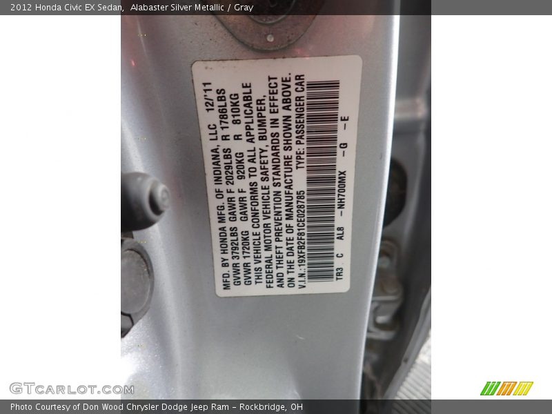 Alabaster Silver Metallic / Gray 2012 Honda Civic EX Sedan