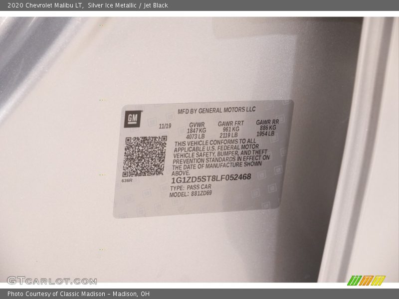 Silver Ice Metallic / Jet Black 2020 Chevrolet Malibu LT