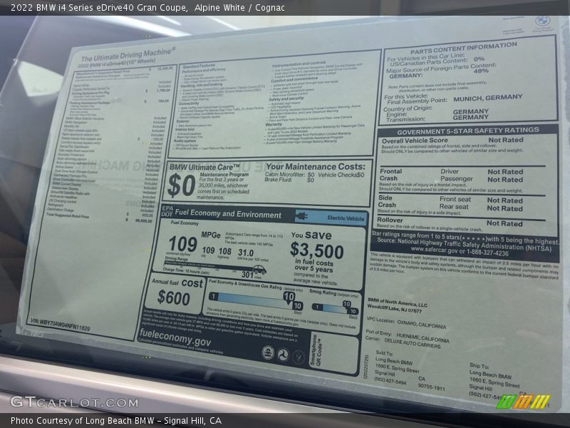  2022 i4 Series eDrive40 Gran Coupe Window Sticker