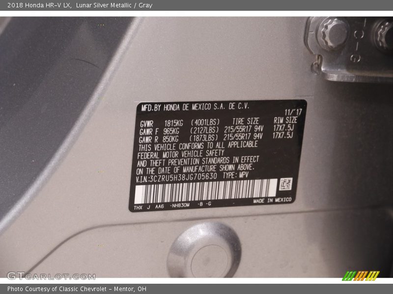 2018 HR-V LX Lunar Silver Metallic Color Code NH830M
