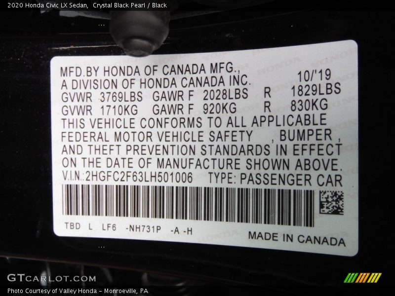 Crystal Black Pearl / Black 2020 Honda Civic LX Sedan