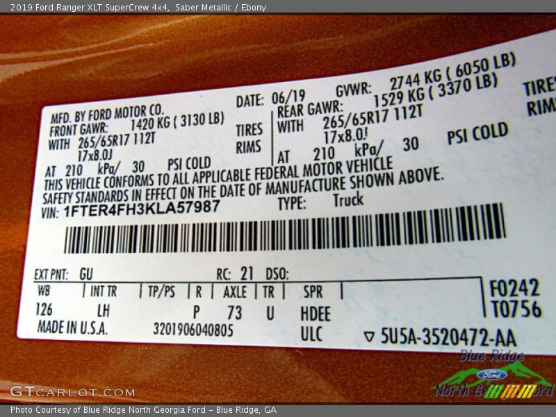 Saber Metallic / Ebony 2019 Ford Ranger XLT SuperCrew 4x4