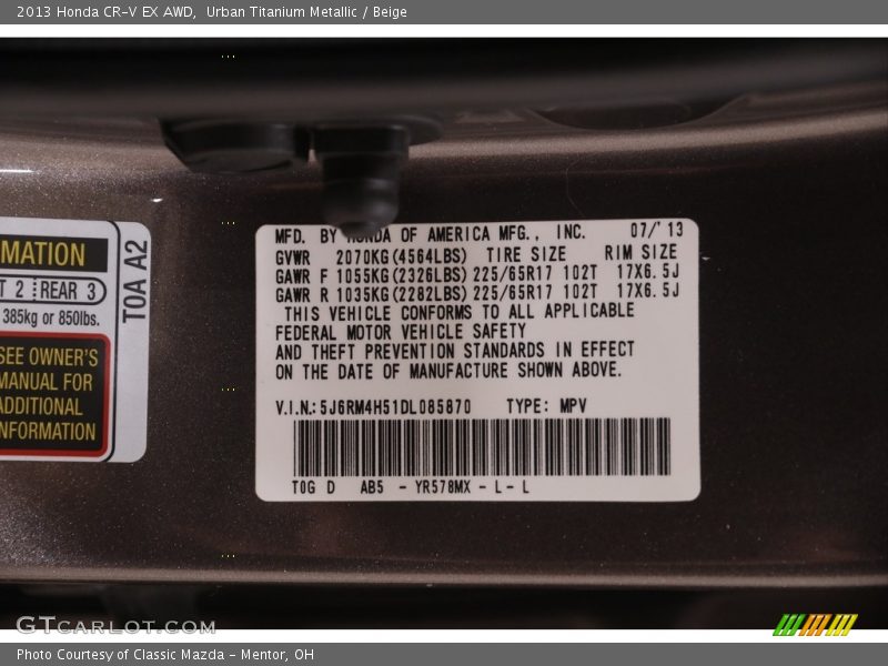 Urban Titanium Metallic / Beige 2013 Honda CR-V EX AWD