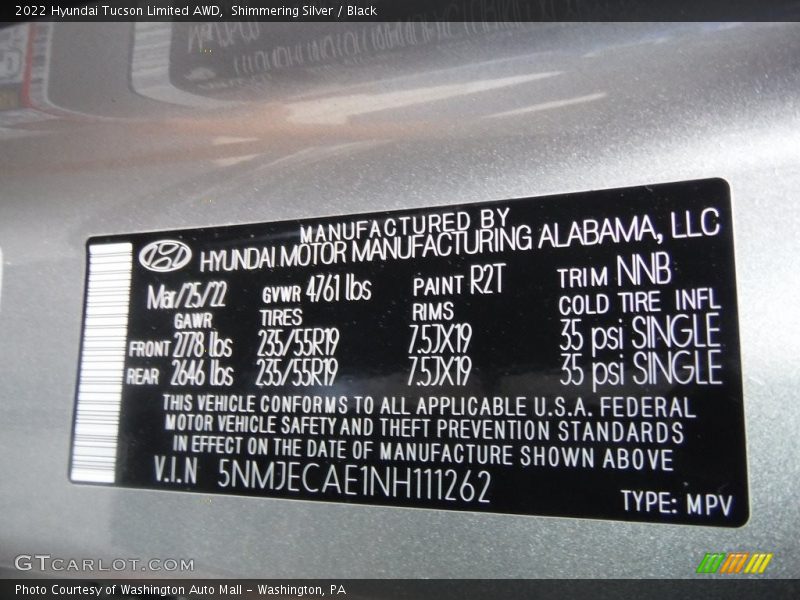 2022 Tucson Limited AWD Shimmering Silver Color Code R2T