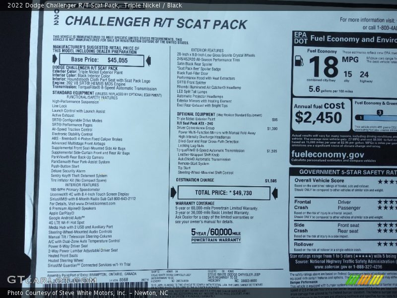 Triple Nickel / Black 2022 Dodge Challenger R/T Scat Pack