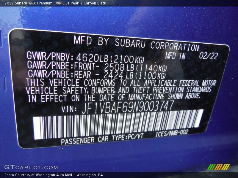 WR Blue Pearl / Carbon Black 2022 Subaru WRX Premium