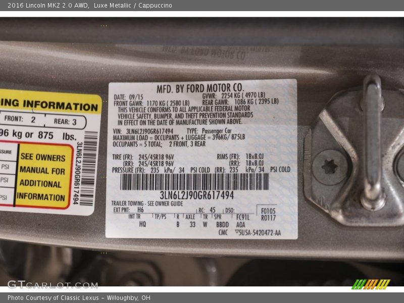 2016 MKZ 2.0 AWD Luxe Metallic Color Code H6
