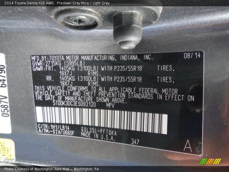 Predawn Gray Mica / Light Gray 2014 Toyota Sienna XLE AWD