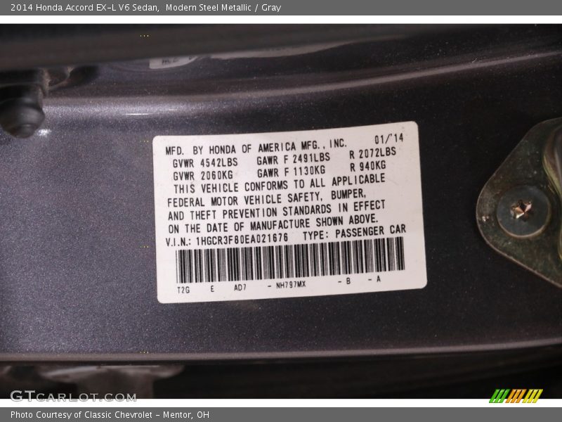 Modern Steel Metallic / Gray 2014 Honda Accord EX-L V6 Sedan