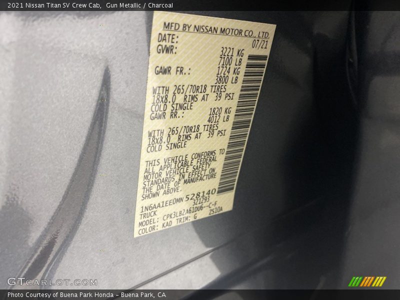 2021 Titan SV Crew Cab Gun Metallic Color Code KAD