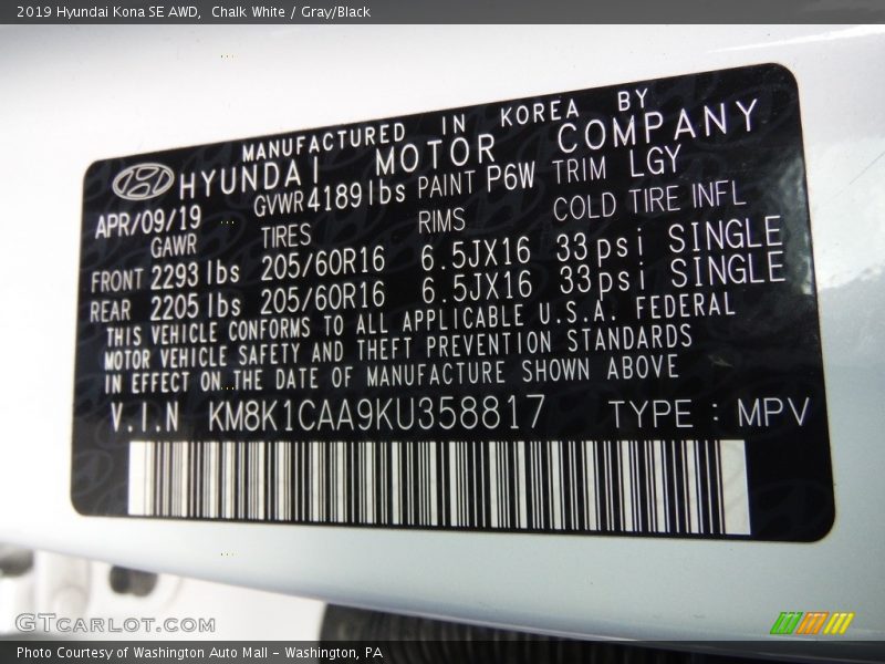 Chalk White / Gray/Black 2019 Hyundai Kona SE AWD