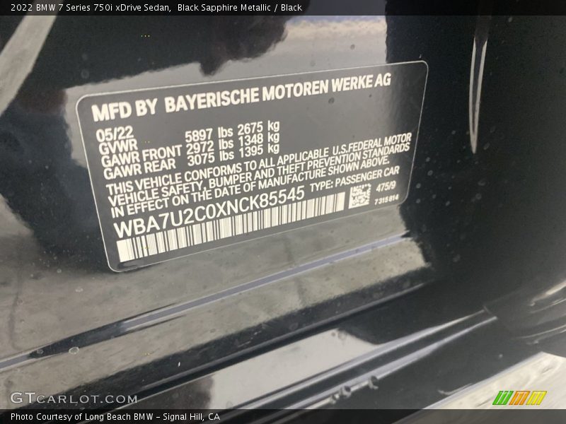 2022 7 Series 750i xDrive Sedan Black Sapphire Metallic Color Code 475