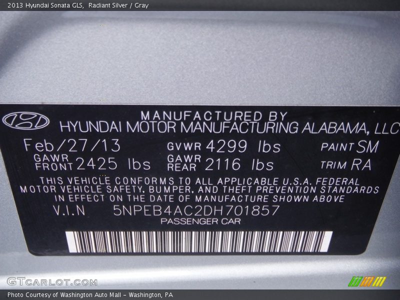 Radiant Silver / Gray 2013 Hyundai Sonata GLS