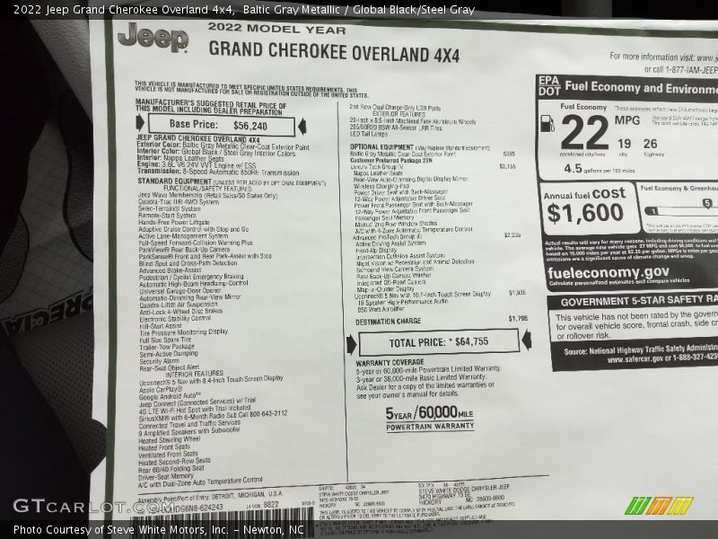  2022 Grand Cherokee Overland 4x4 Window Sticker