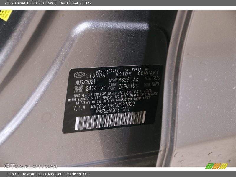 2022 G70 2.0T AWD Savile Silver Color Code SSS