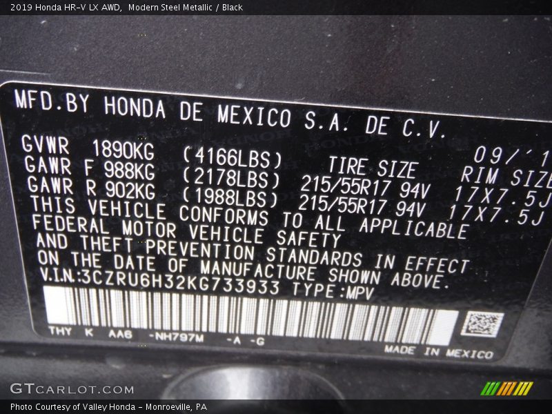 Modern Steel Metallic / Black 2019 Honda HR-V LX AWD