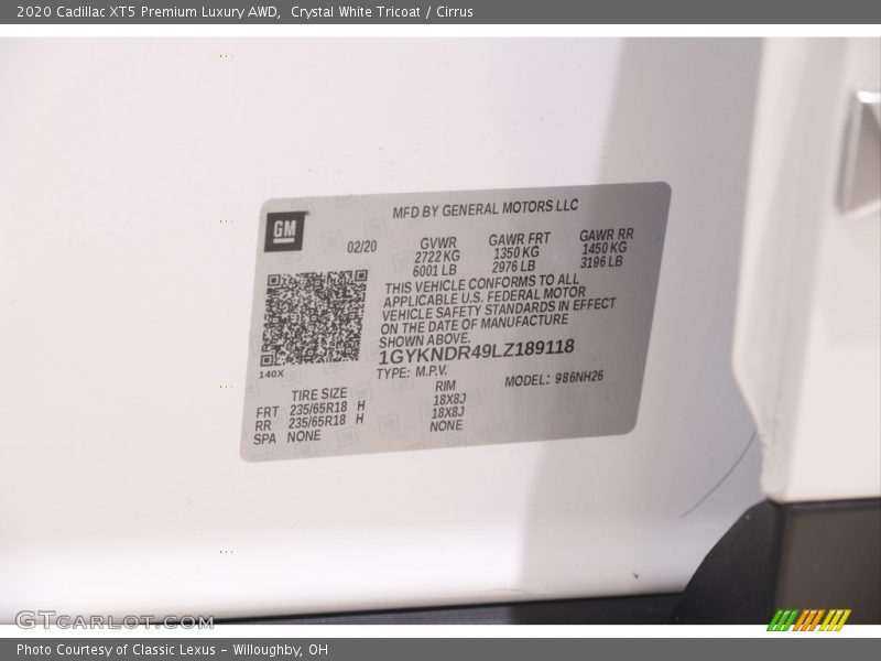 Crystal White Tricoat / Cirrus 2020 Cadillac XT5 Premium Luxury AWD