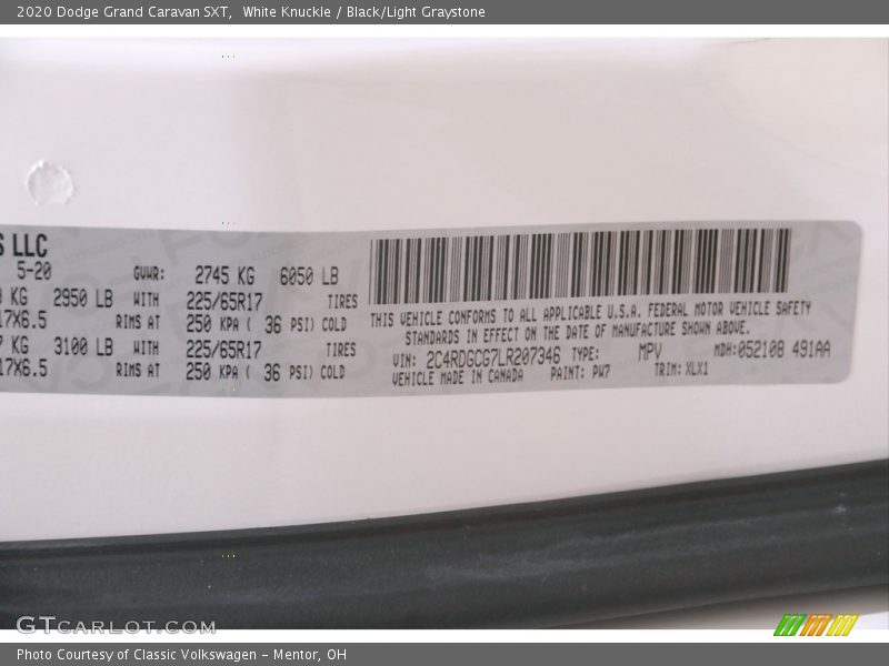 White Knuckle / Black/Light Graystone 2020 Dodge Grand Caravan SXT