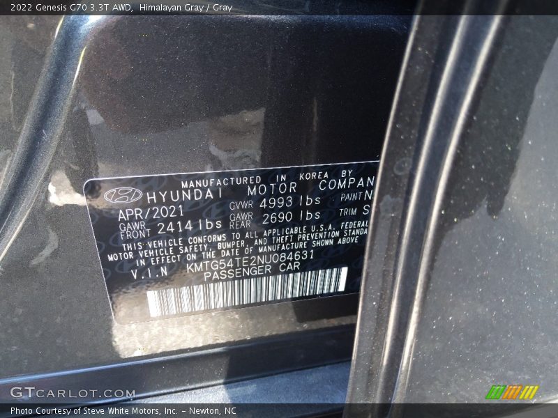 Himalayan Gray / Gray 2022 Genesis G70 3.3T AWD