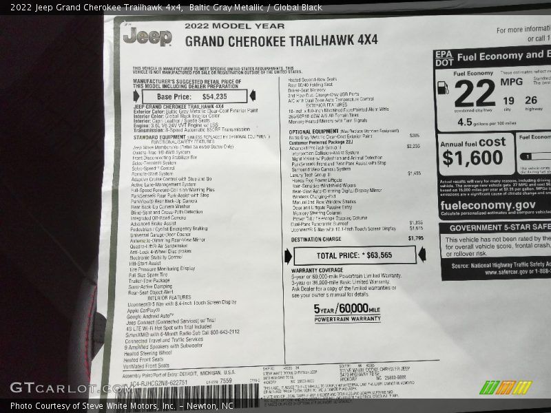  2022 Grand Cherokee Trailhawk 4x4 Window Sticker