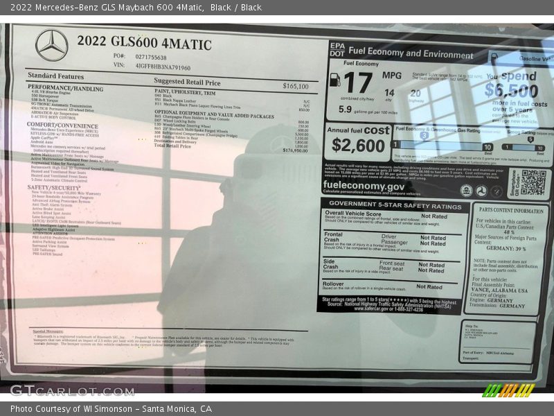  2022 GLS Maybach 600 4Matic Window Sticker