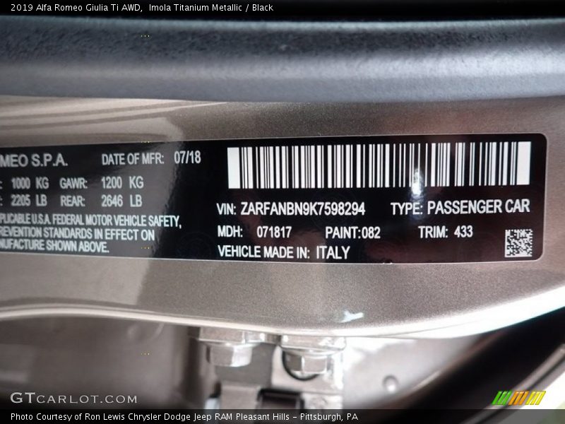 2019 Giulia Ti AWD Imola Titanium Metallic Color Code 082