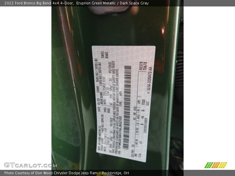 2022 Bronco Big Bend 4x4 4-Door Eruption Green Metallic Color Code FA