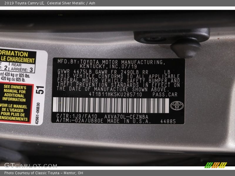 Celestial Silver Metallic / Ash 2019 Toyota Camry LE