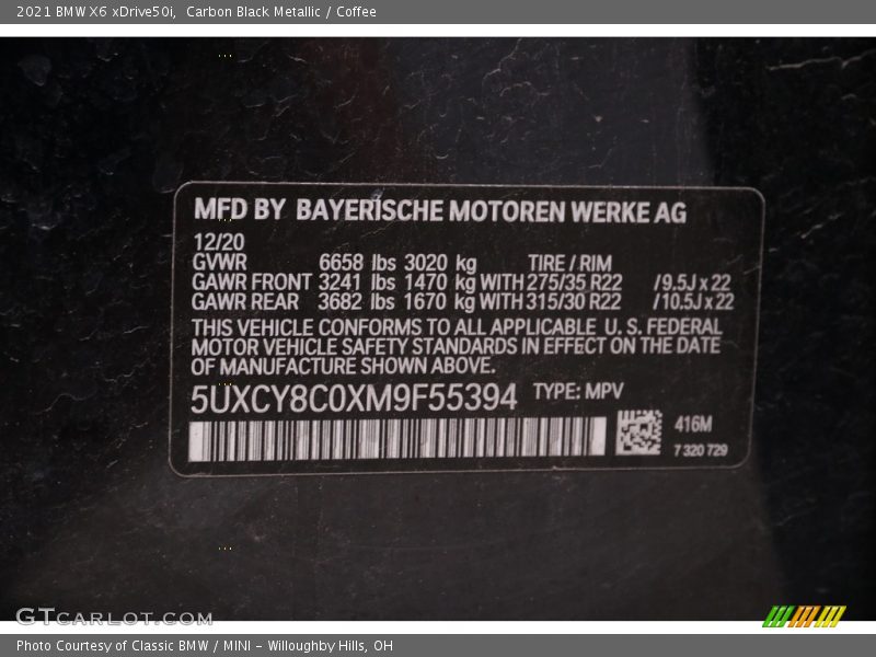 2021 X6 xDrive50i Carbon Black Metallic Color Code 416