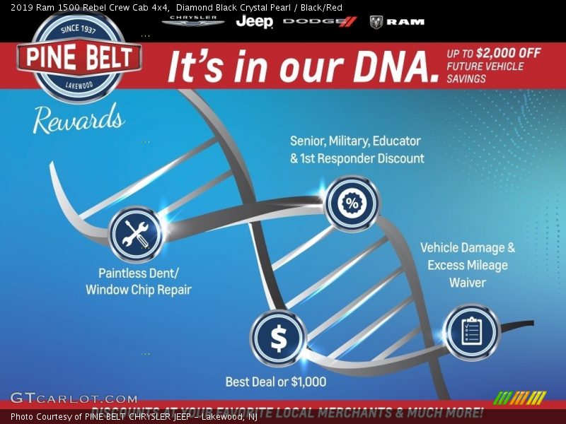 Diamond Black Crystal Pearl / Black/Red 2019 Ram 1500 Rebel Crew Cab 4x4
