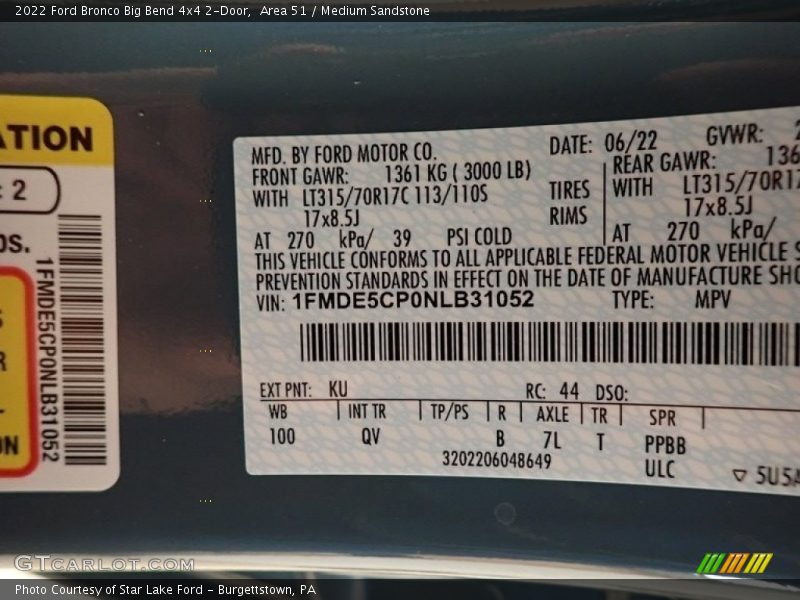 2022 Bronco Big Bend 4x4 2-Door Area 51 Color Code KU