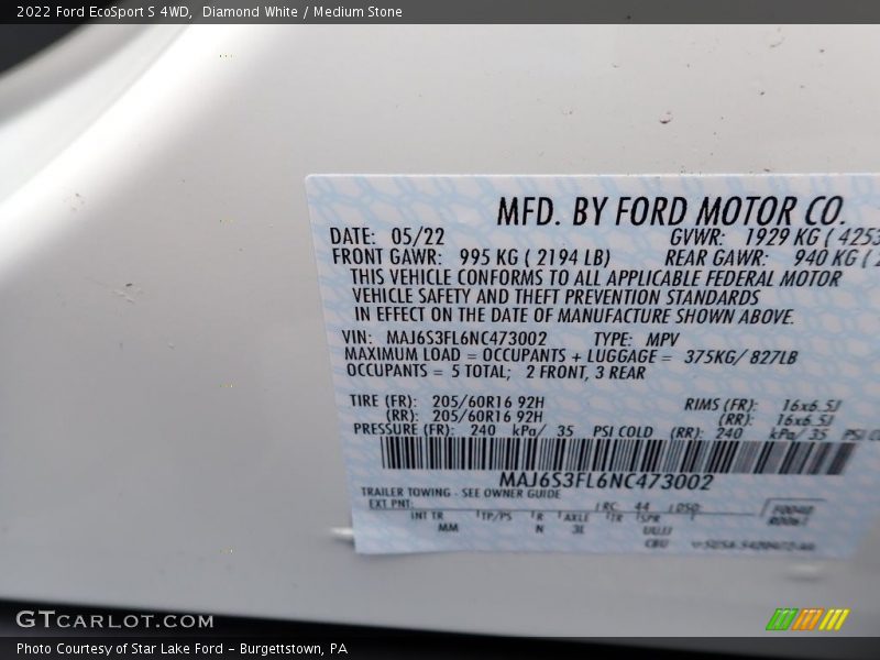 Diamond White / Medium Stone 2022 Ford EcoSport S 4WD