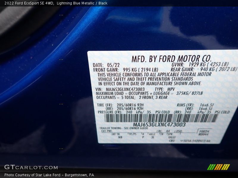 Lightning Blue Metallic / Black 2022 Ford EcoSport SE 4WD
