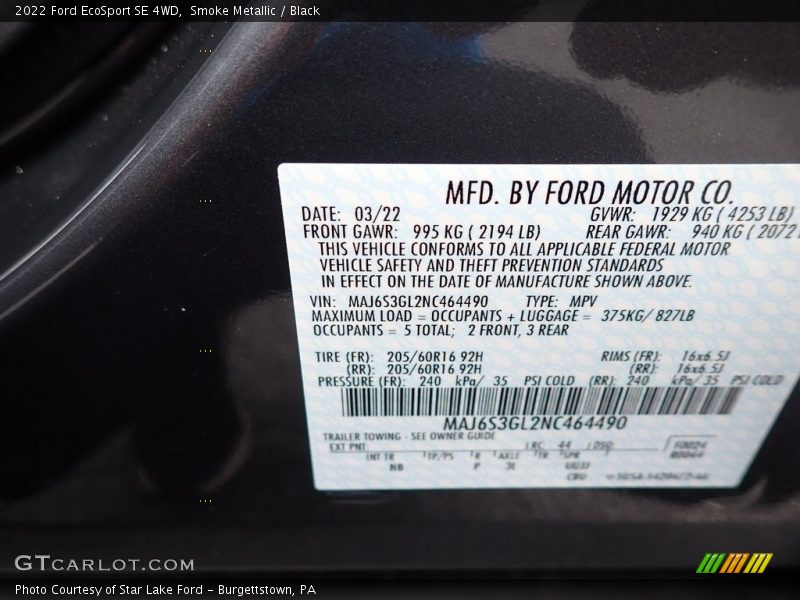 Smoke Metallic / Black 2022 Ford EcoSport SE 4WD