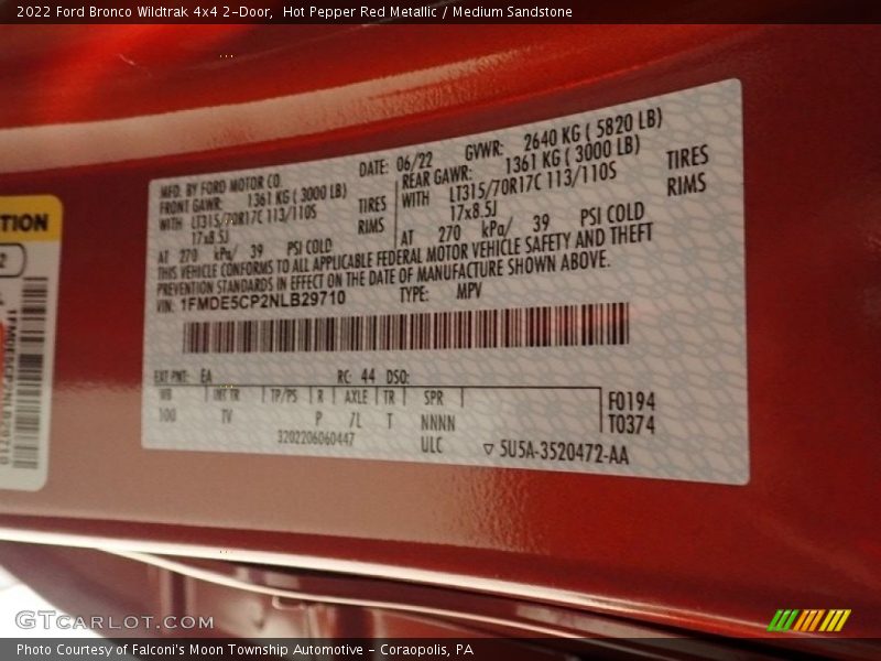 2022 Bronco Wildtrak 4x4 2-Door Hot Pepper Red Metallic Color Code EA