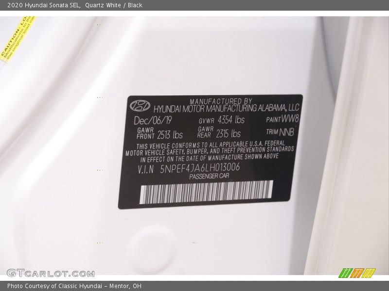 Quartz White / Black 2020 Hyundai Sonata SEL