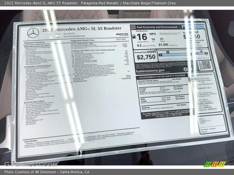  2022 SL AMG 55 Roadster Window Sticker