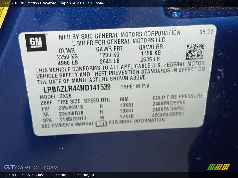 Sapphire Metallic / Ebony 2022 Buick Envision Preferred